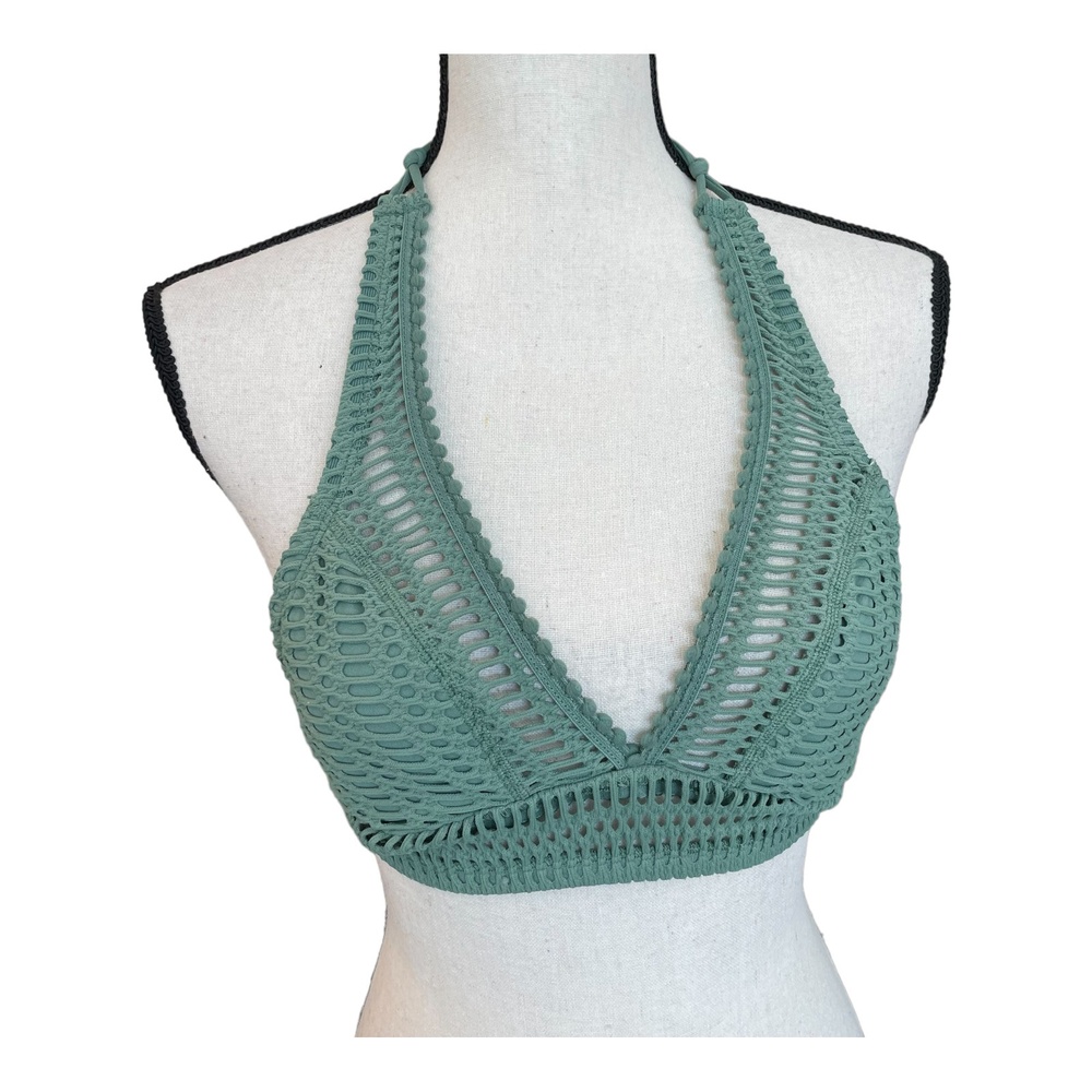 Robin Piccone Womens Sophia Crochet Halter Bikini Top Sea Green Solid Swim XS - Picture 2 of 10